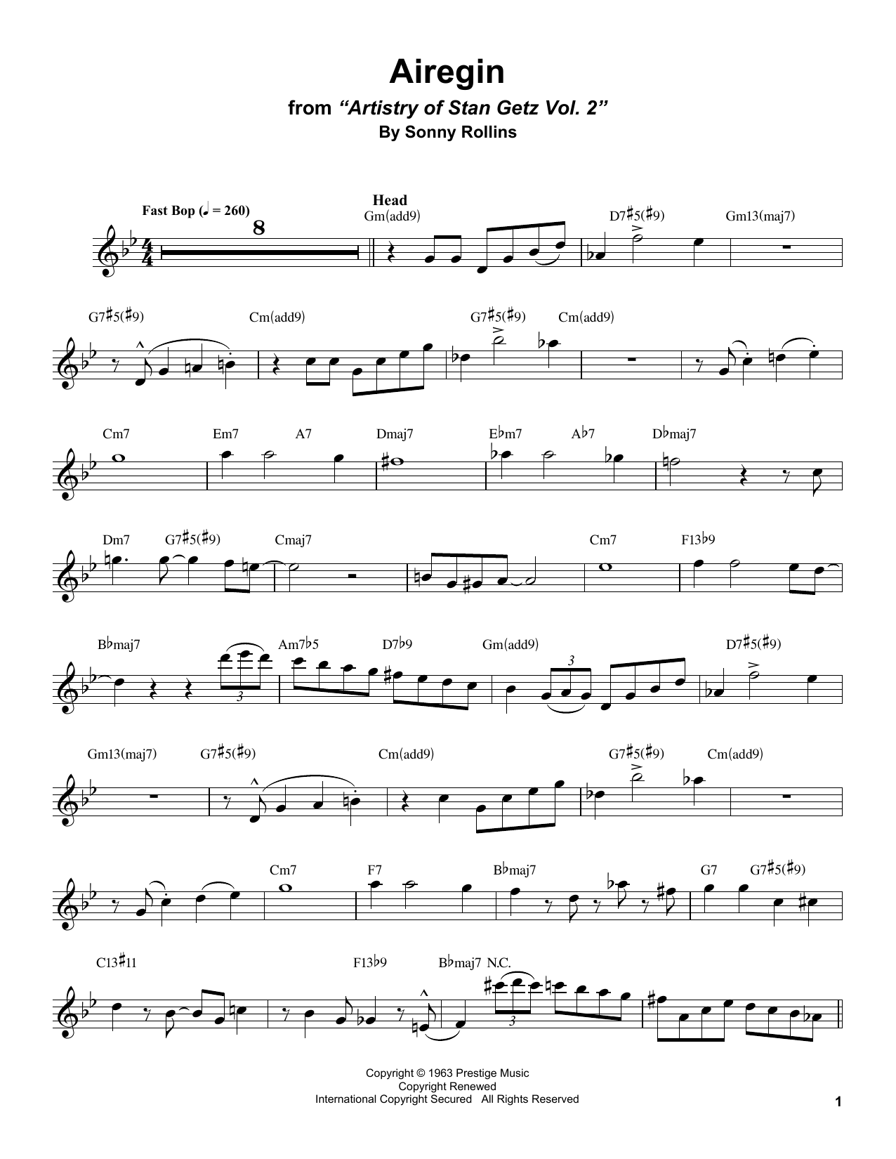 Stan Getz Airegin sheet music notes and chords arranged for Alto Sax Transcription