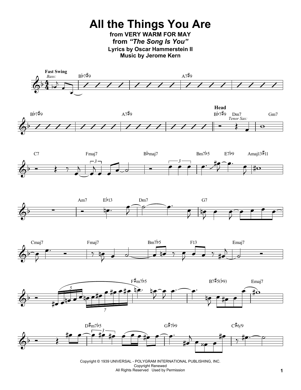 Stan Getz All The Things You Are (from Very Warm For May) sheet music notes and chords arranged for Alto Sax Transcription