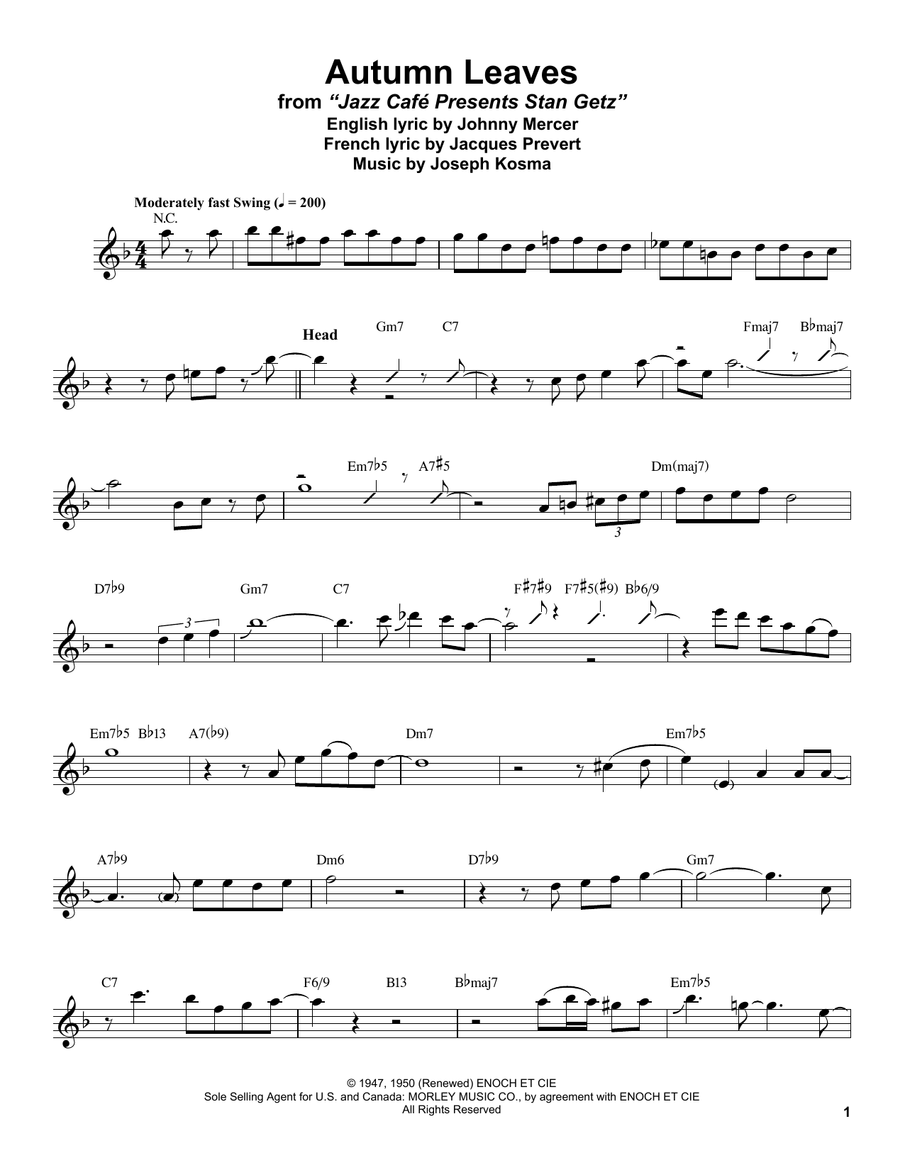 Stan Getz Autumn Leaves sheet music notes and chords arranged for Tenor Sax Transcription
