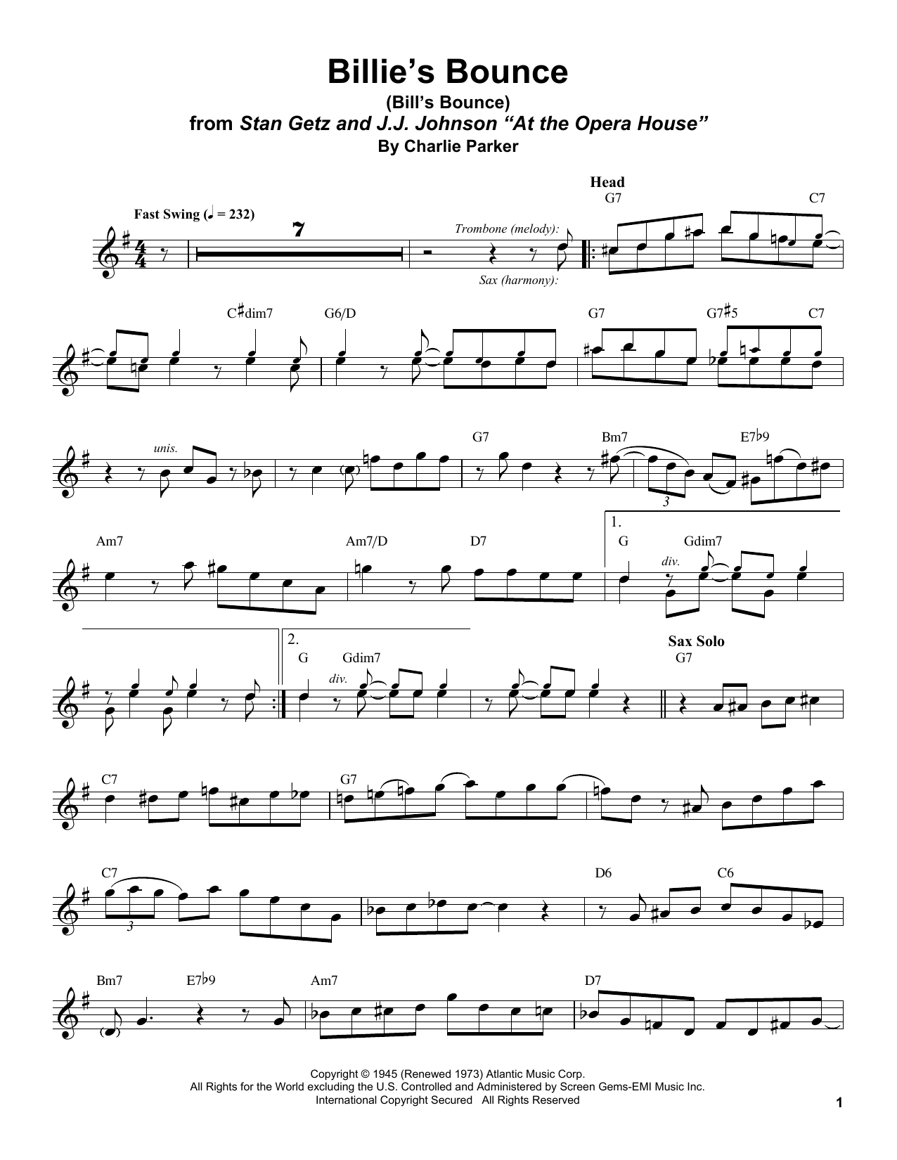 Stan Getz Billie's Bounce (Bill's Bounce) sheet music notes and chords arranged for Tenor Sax Transcription
