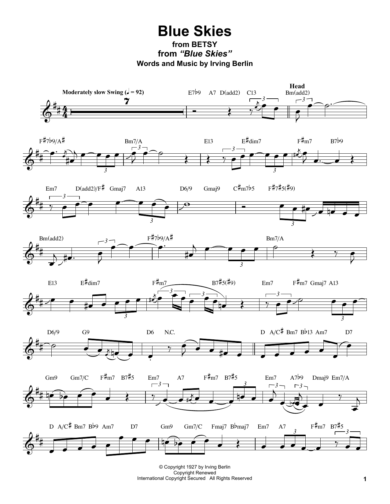 Stan Getz Blue Skies (from Betsy) sheet music notes and chords arranged for Alto Sax Transcription