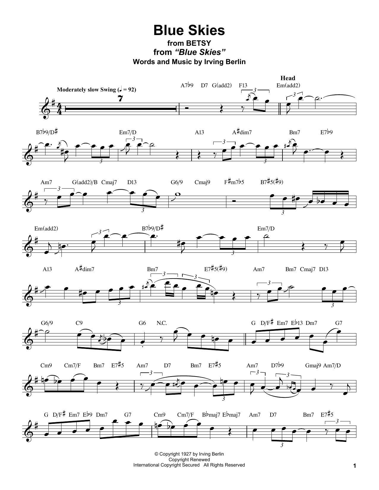 Stan Getz Blue Skies sheet music notes and chords arranged for Tenor Sax Transcription