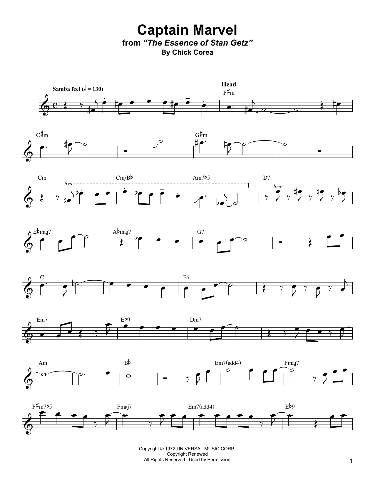 Stan Getz Captain Marvel sheet music notes and chords arranged for Tenor Sax Transcription
