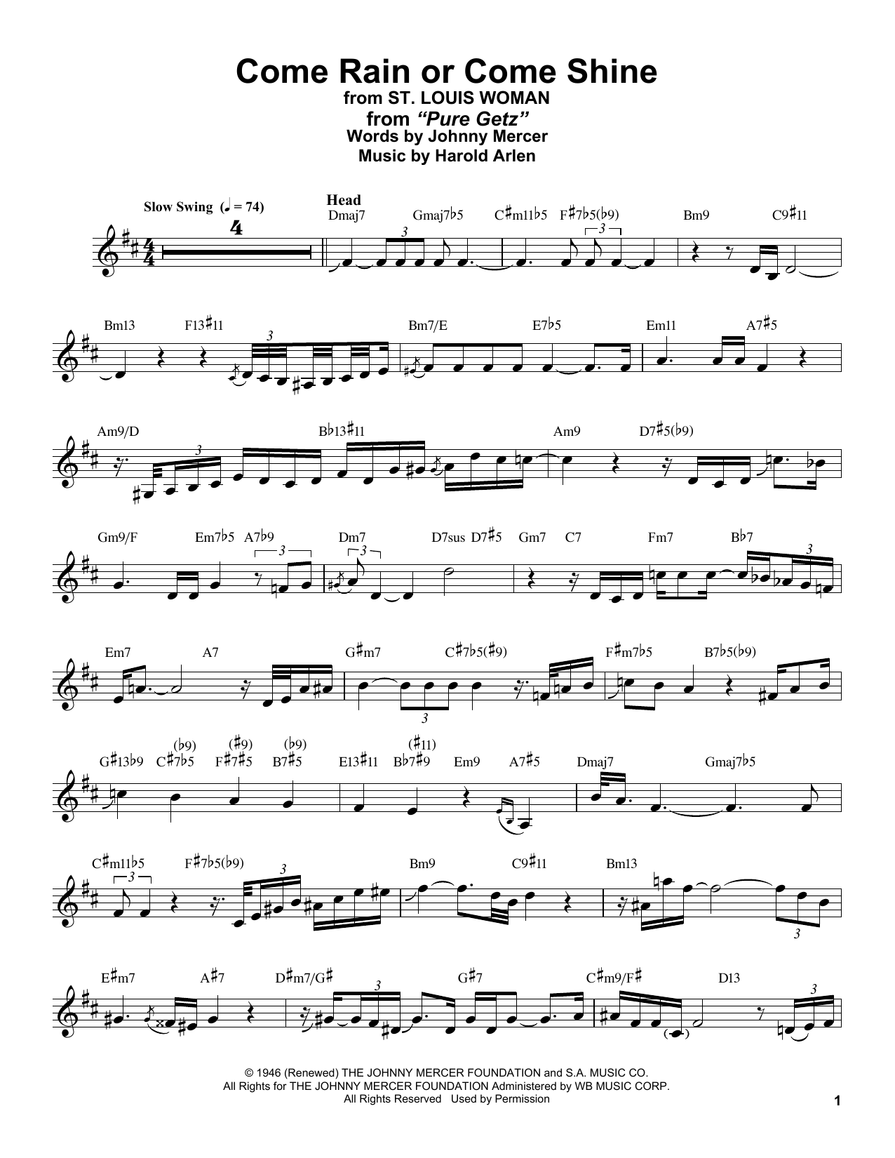 Stan Getz Come Rain Or Come Shine (from St. Louis Woman) sheet music notes and chords arranged for Alto Sax Transcription