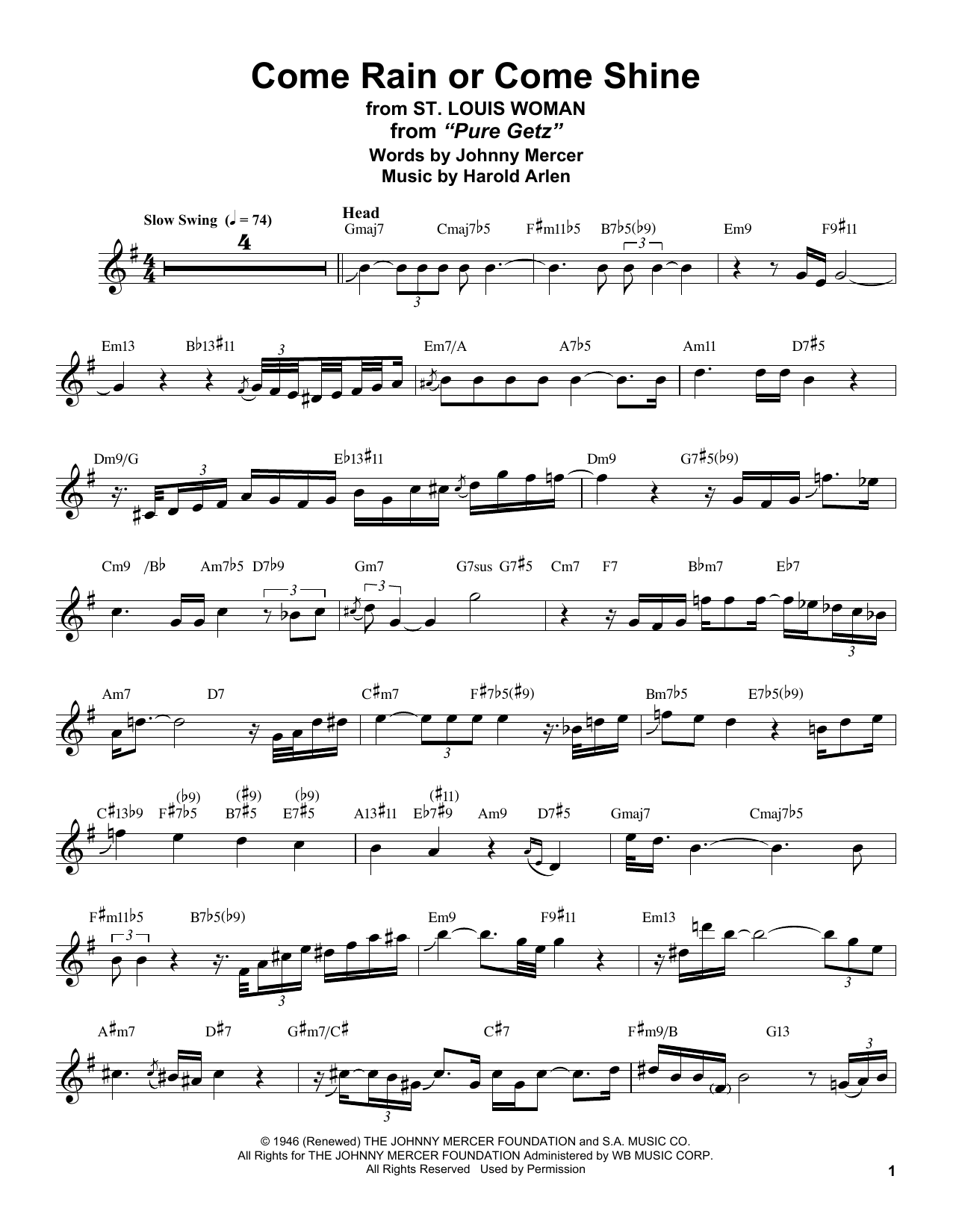Stan Getz Come Rain Or Come Shine sheet music notes and chords arranged for Tenor Sax Transcription