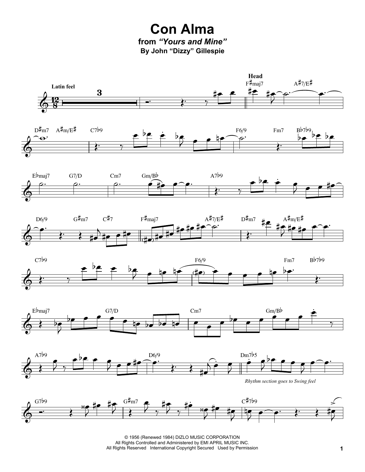 Stan Getz Con Alma sheet music notes and chords arranged for Alto Sax Transcription