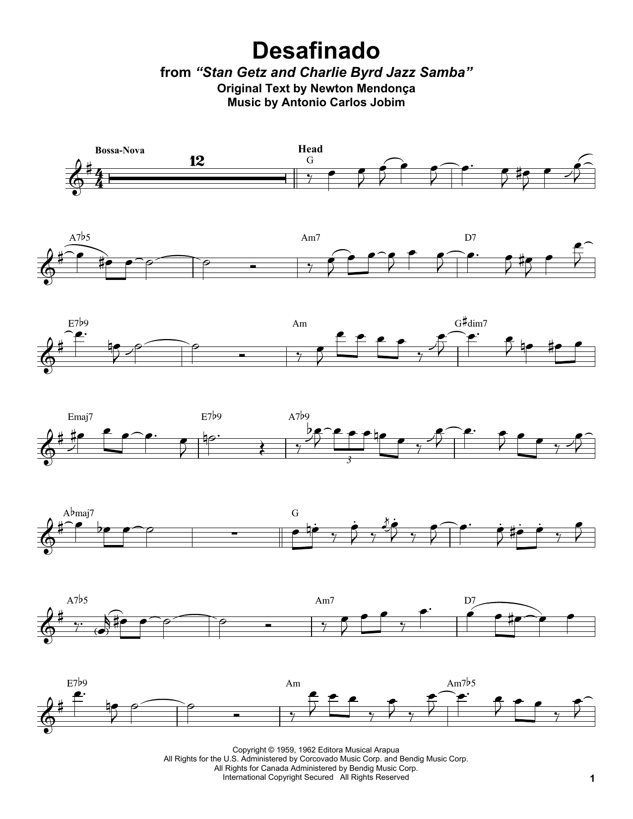 Stan Getz Desafinado sheet music notes and chords arranged for Tenor Sax Transcription