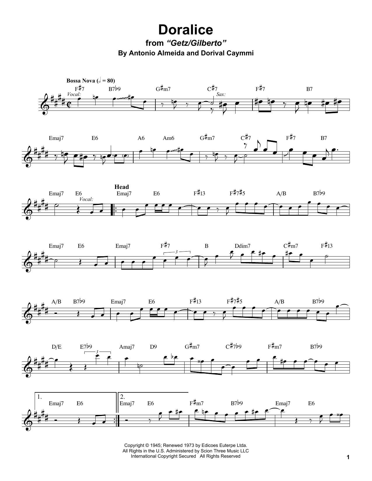 Stan Getz Doralice sheet music notes and chords arranged for Alto Sax Transcription