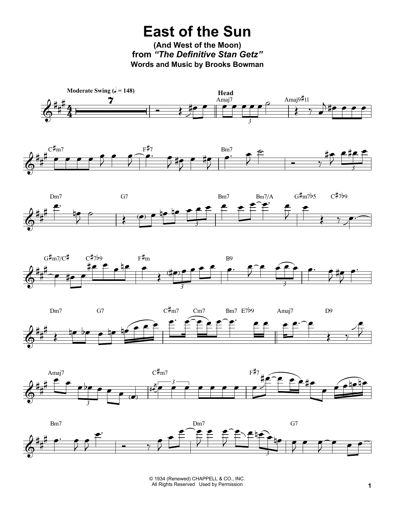 Stan Getz East Of The Sun (And West Of The Moon) sheet music notes and chords arranged for Alto Sax Transcription