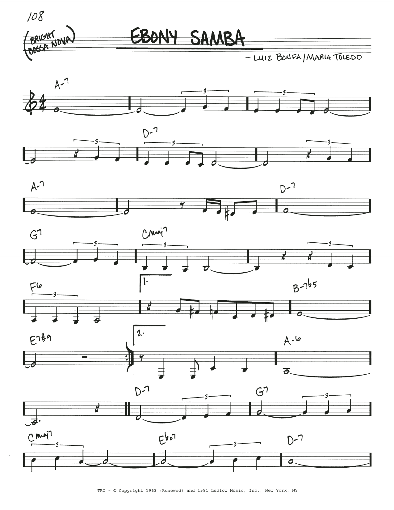 Stan Getz Ebony Samba (Sambanegro) sheet music notes and chords arranged for Real Book – Melody & Chords