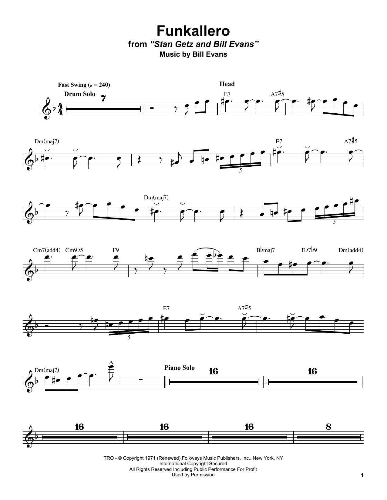 Stan Getz Funkallero sheet music notes and chords arranged for Tenor Sax Transcription