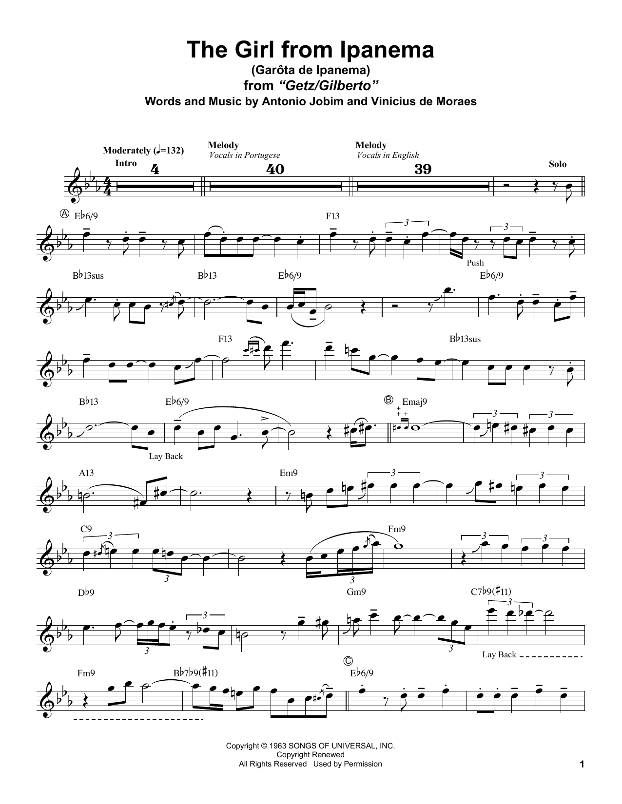 Stan Getz Garota De Ipanema sheet music notes and chords arranged for Alto Sax Transcription