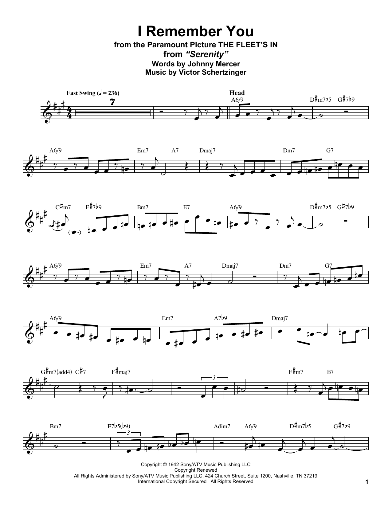 Stan Getz I Remember You (from The Fleet's In) sheet music notes and chords arranged for Alto Sax Transcription
