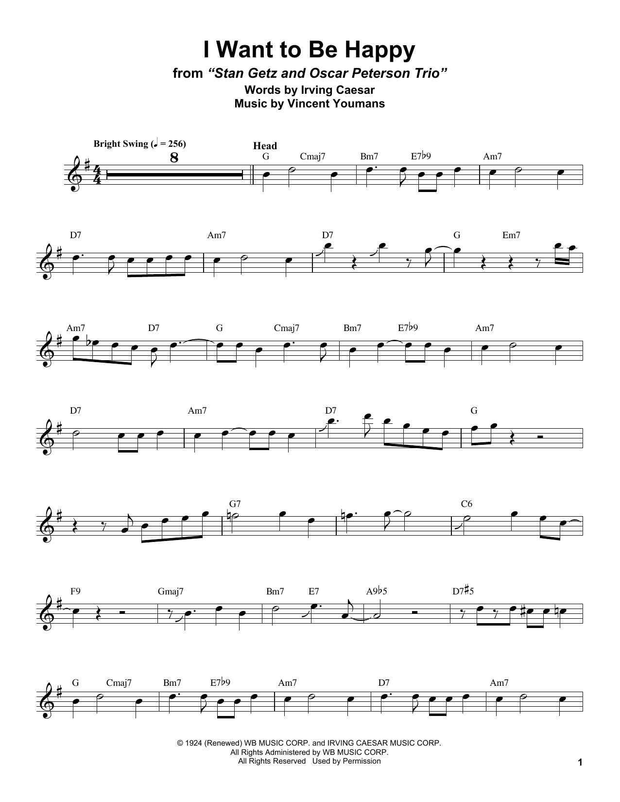 Stan Getz I Want To Be Happy sheet music notes and chords arranged for Tenor Sax Transcription