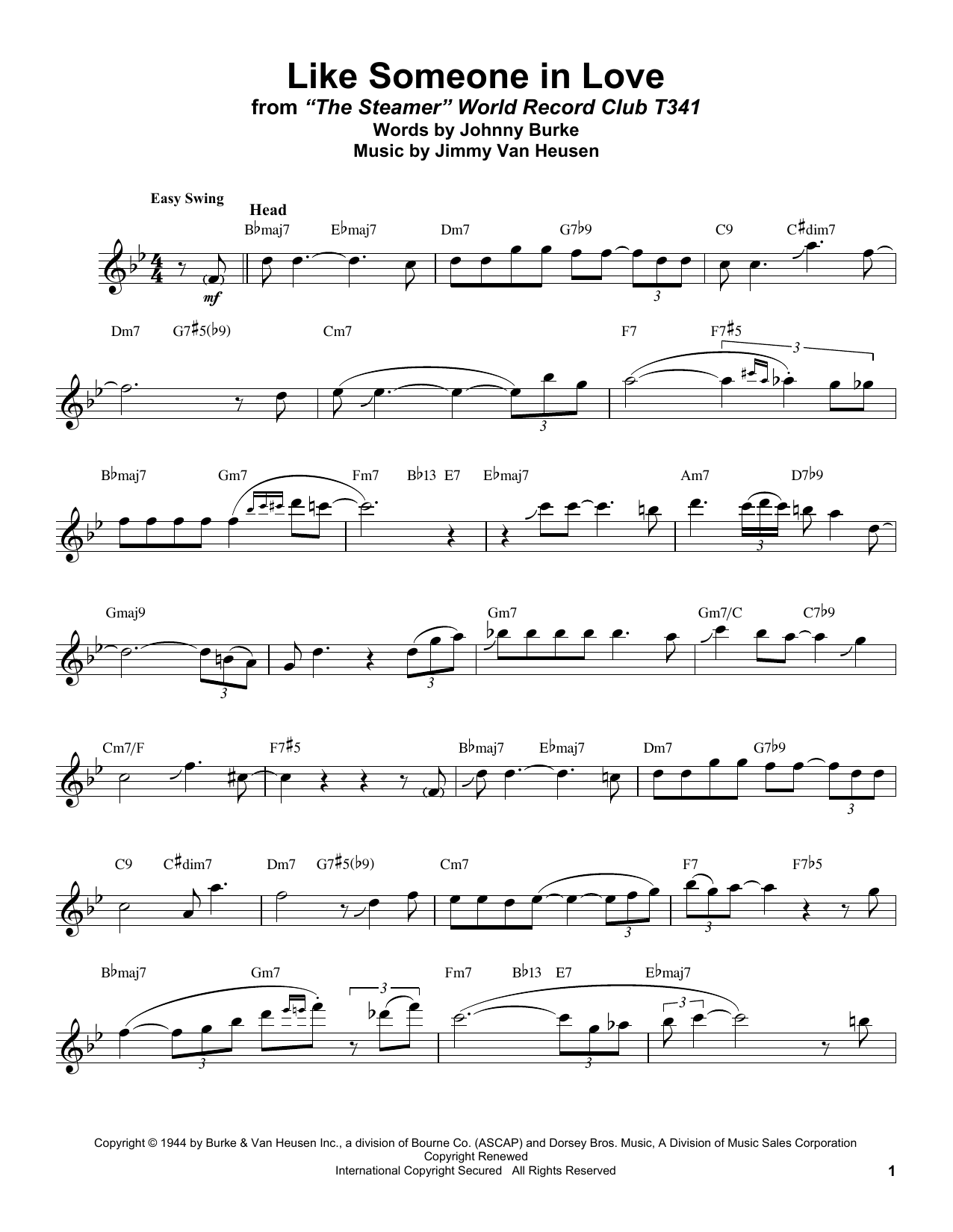 Stan Getz Like Someone In Love sheet music notes and chords arranged for Tenor Sax Transcription