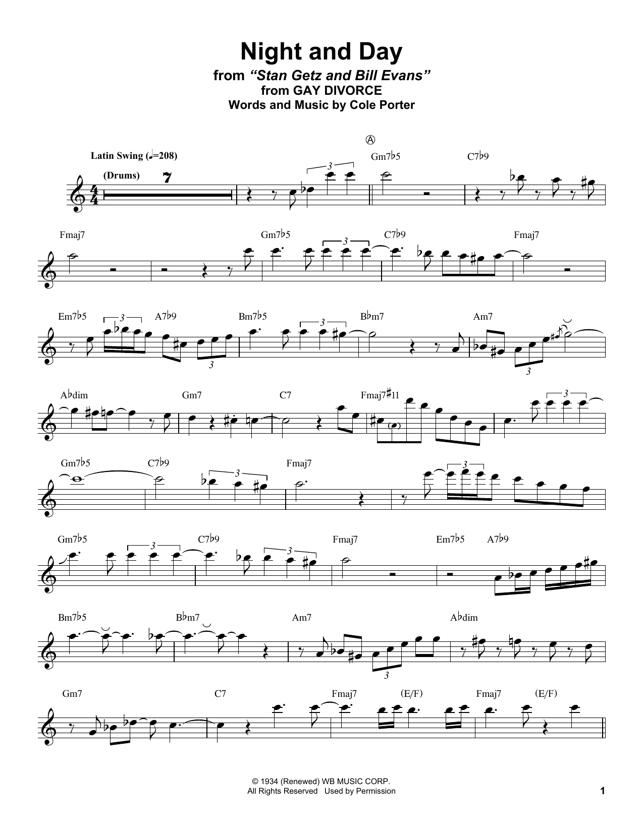 Stan Getz Night And Day sheet music notes and chords arranged for Alto Sax Transcription