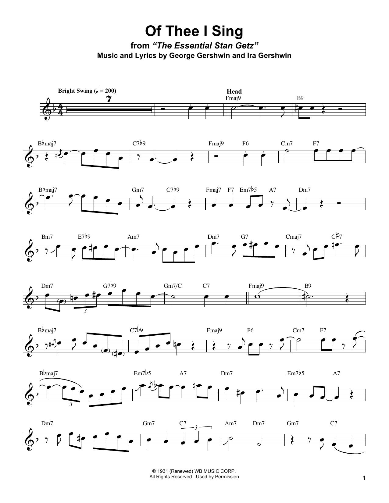 Stan Getz Of Thee I Sing sheet music notes and chords arranged for Tenor Sax Transcription