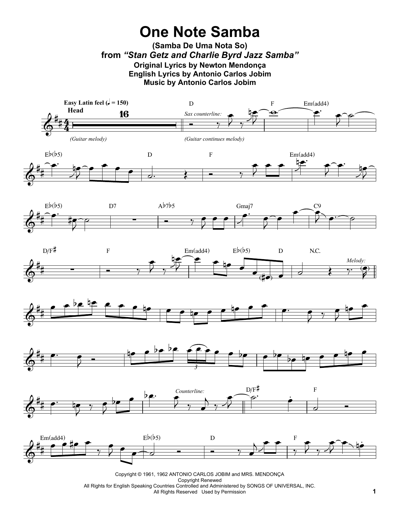 Stan Getz One Note Samba (Samba De Uma Nota So) sheet music notes and chords arranged for Alto Sax Transcription