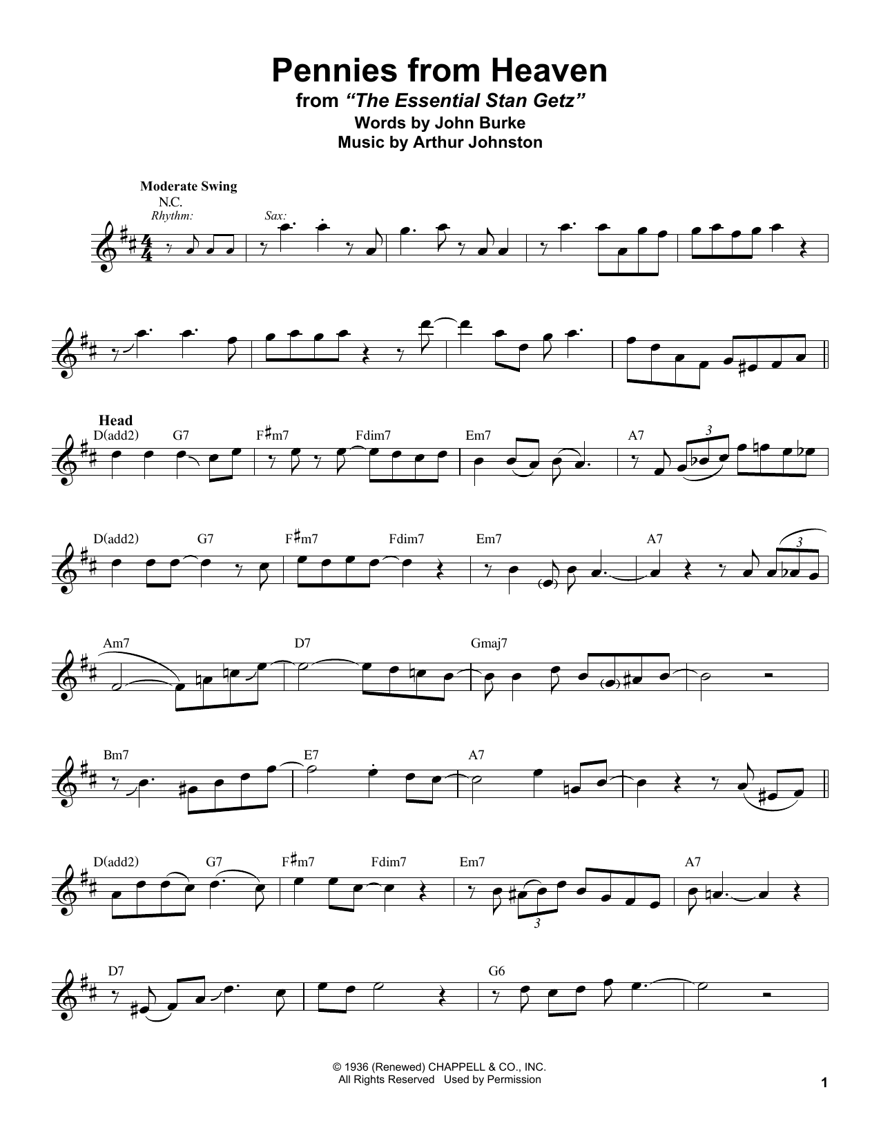 Stan Getz Pennies From Heaven sheet music notes and chords arranged for Alto Sax Transcription