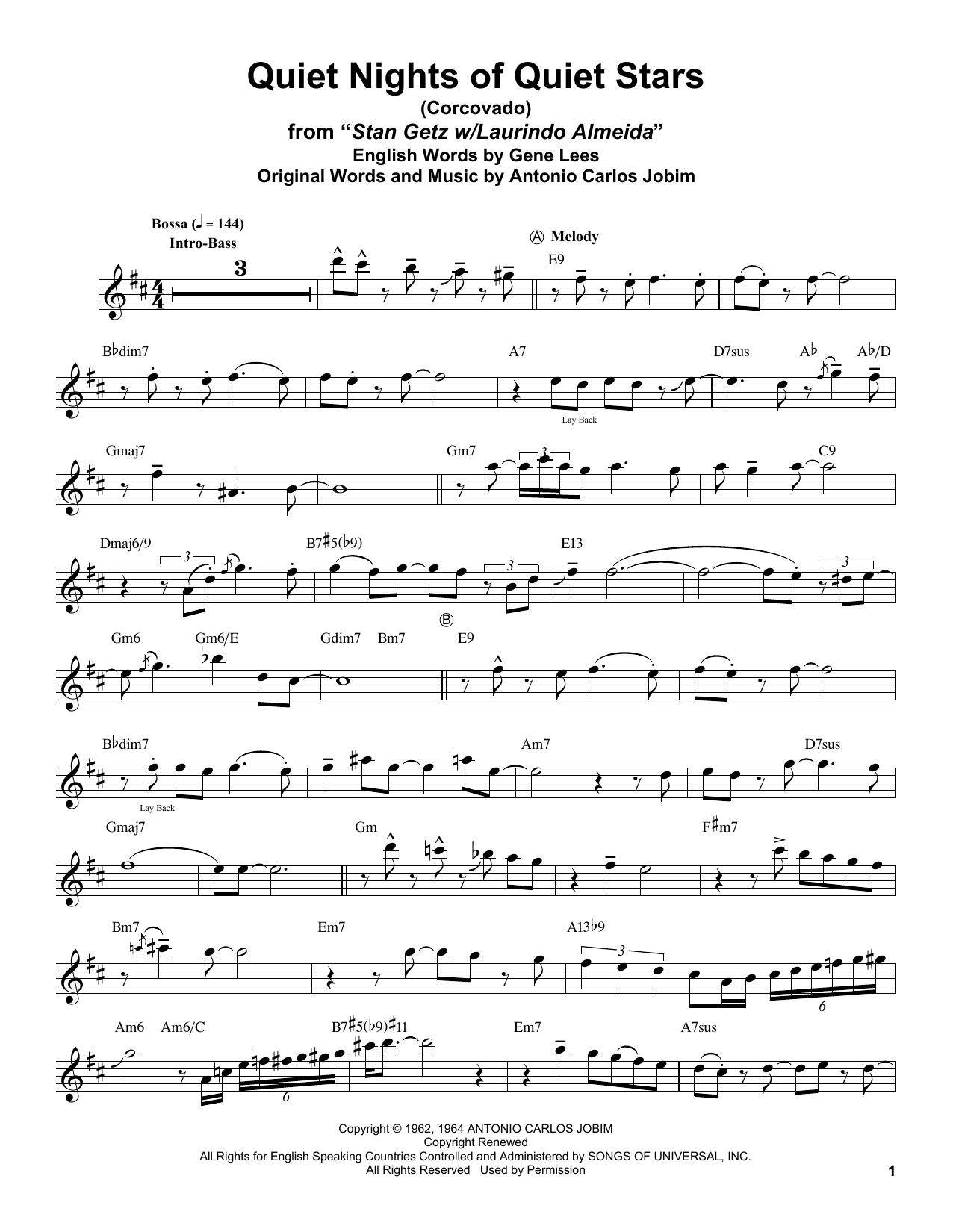 Stan Getz Quiet Nights Of Quiet Stars (Corcovado) sheet music notes and chords arranged for Tenor Sax Transcription