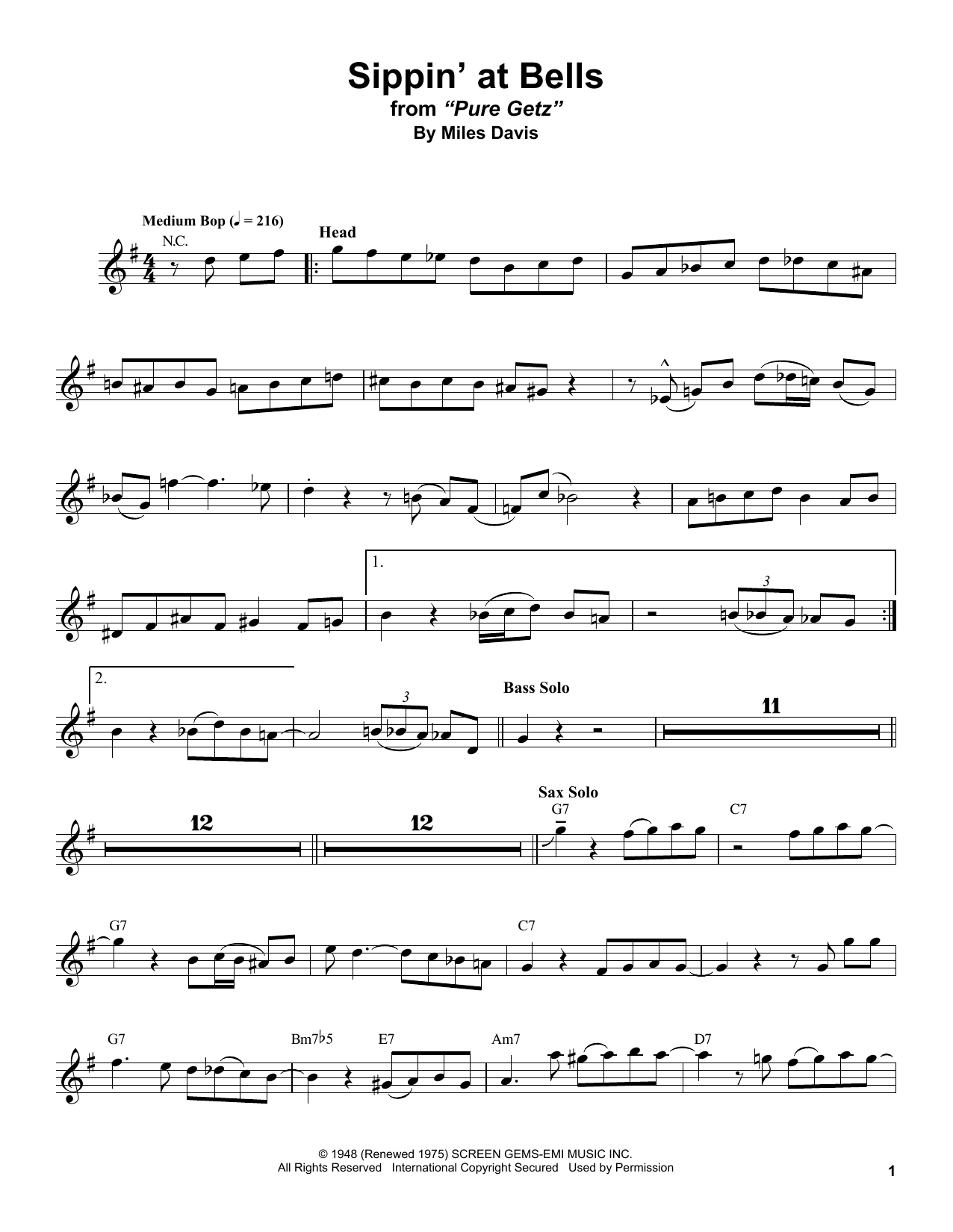 Stan Getz Sippin' At Bells sheet music notes and chords arranged for Tenor Sax Transcription