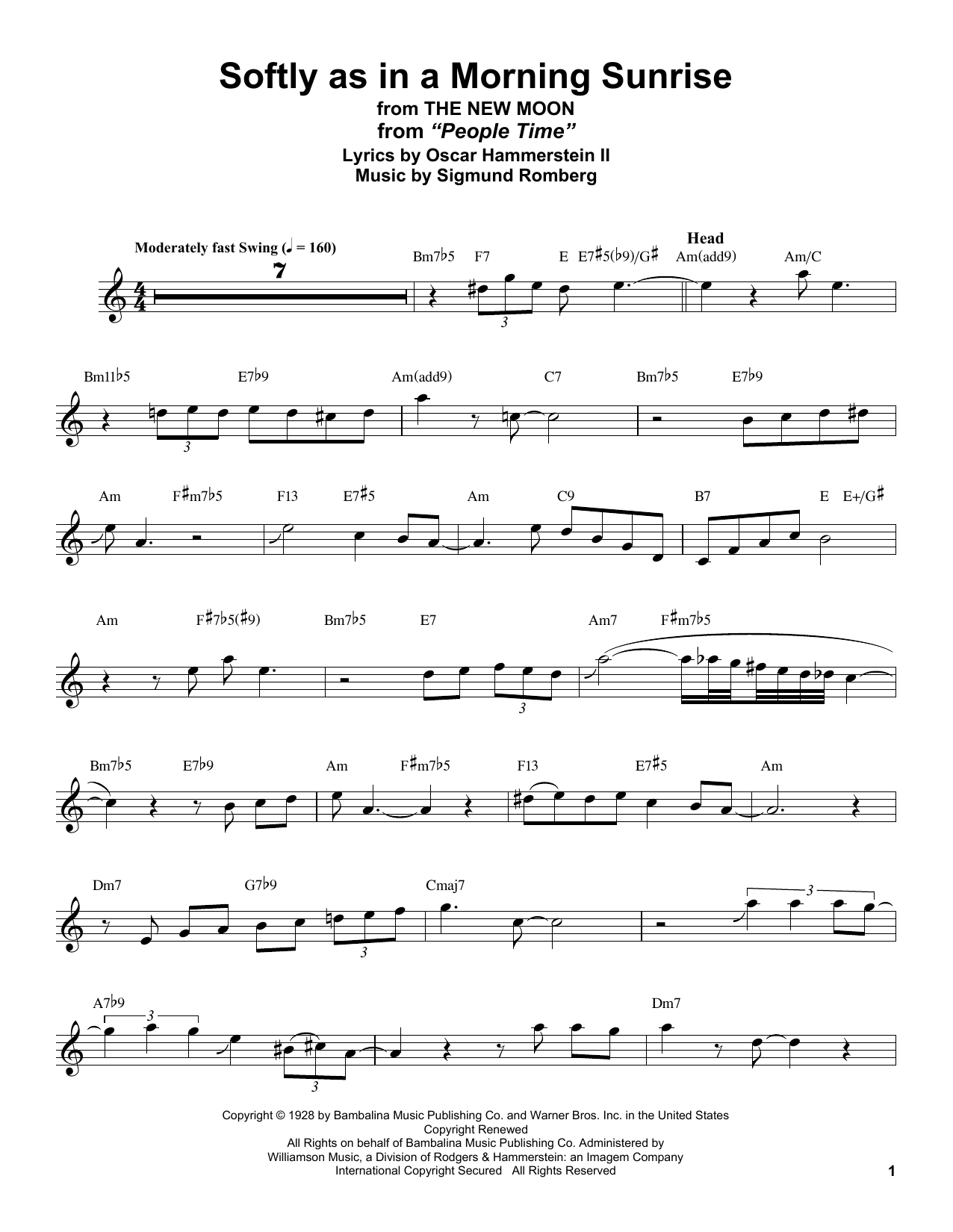 Stan Getz Softly As In A Morning Sunrise (from The New Moon) sheet music notes and chords arranged for Alto Sax Transcription