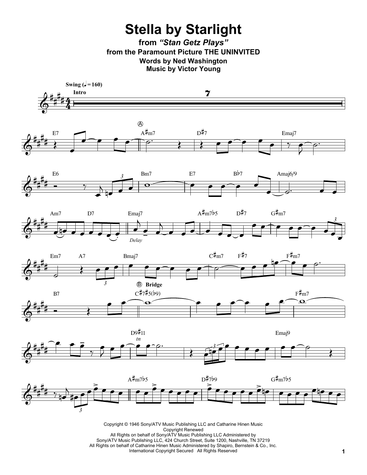 Stan Getz Stella By Starlight (from The Uninvited) sheet music notes and chords arranged for Alto Sax Transcription