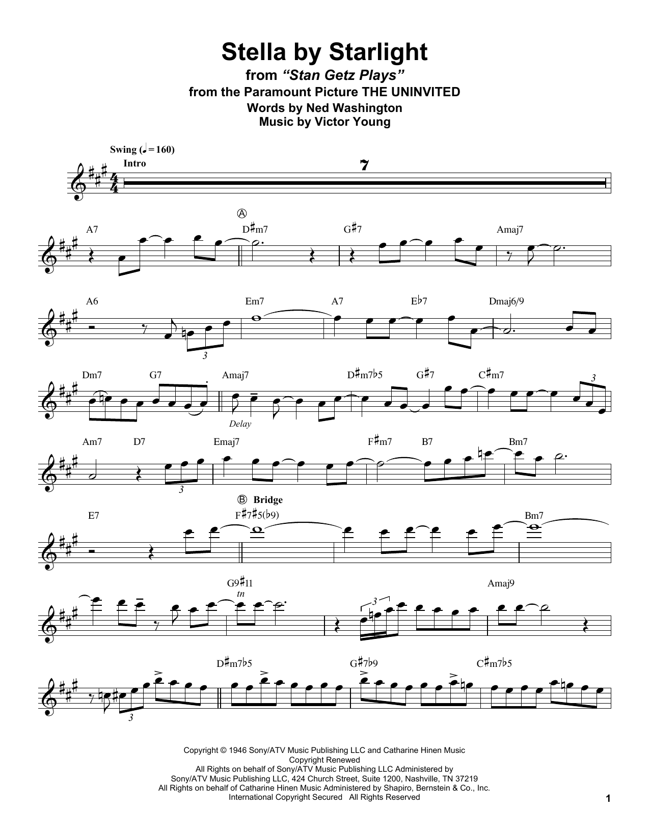 Stan Getz Stella By Starlight sheet music notes and chords arranged for Tenor Sax Transcription