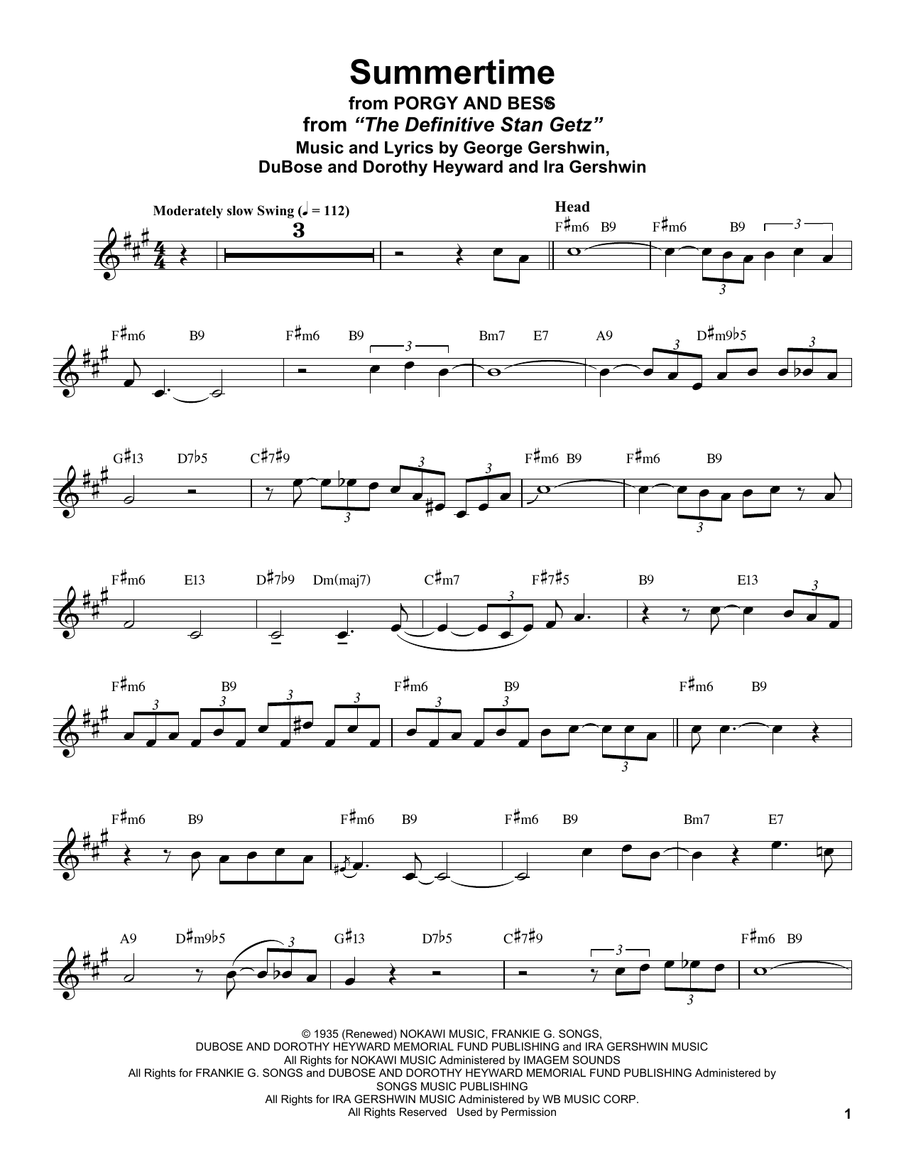 Stan Getz Summertime (from Porgy and Bess) sheet music notes and chords arranged for Alto Sax Transcription
