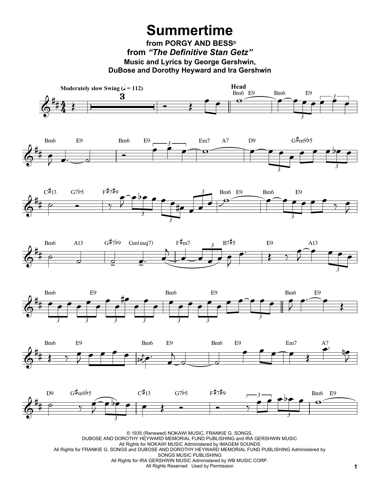 Stan Getz Summertime sheet music notes and chords arranged for Tenor Sax Transcription