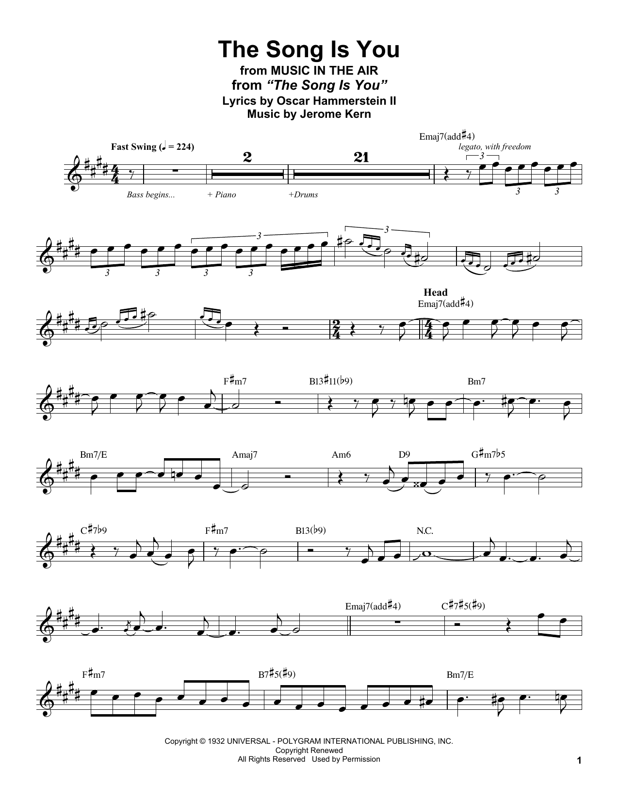 Stan Getz The Song Is You (from Music In The Air) sheet music notes and chords arranged for Alto Sax Transcription