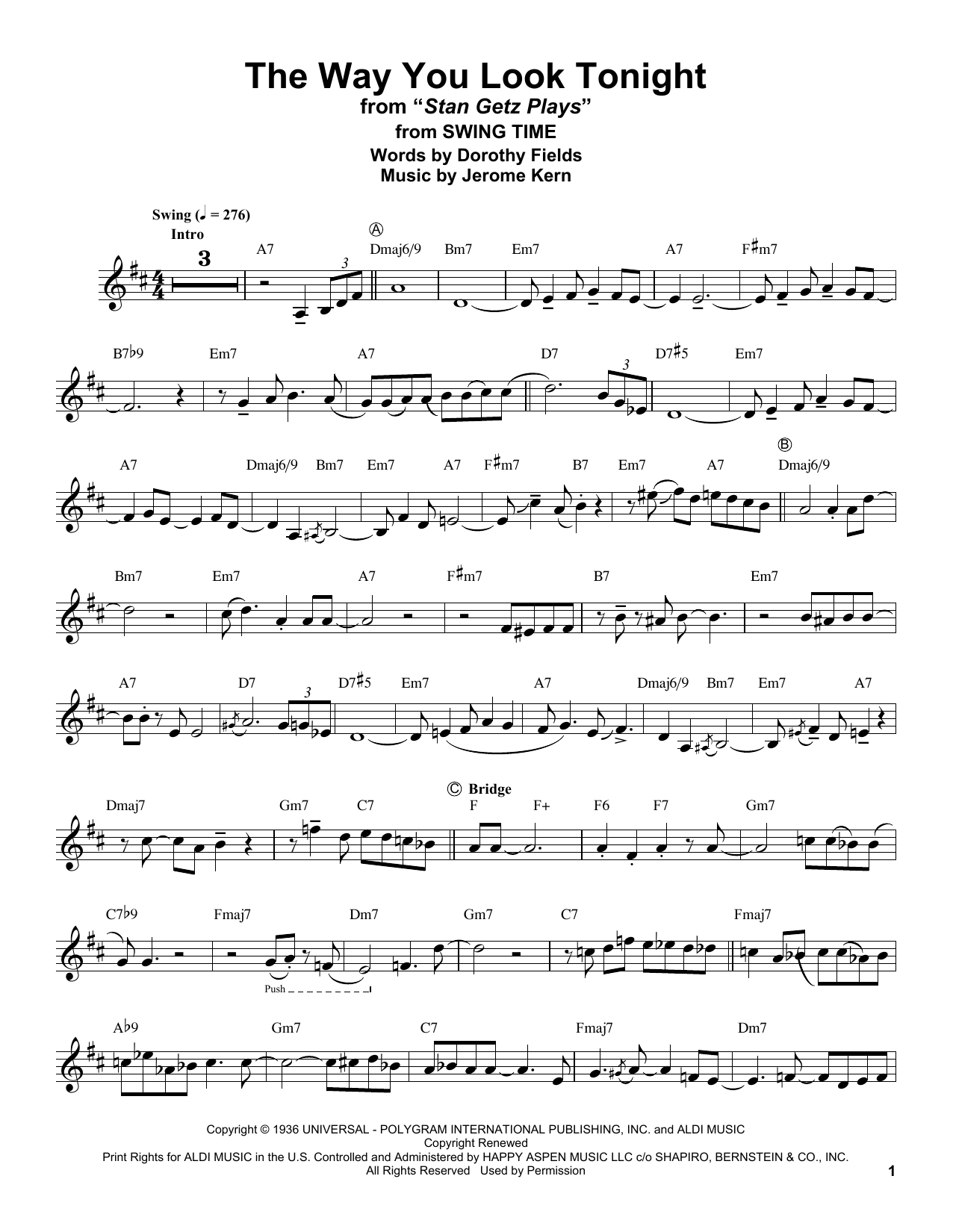 Stan Getz The Way You Look Tonight (from Swing Time) sheet music notes and chords arranged for Alto Sax Transcription