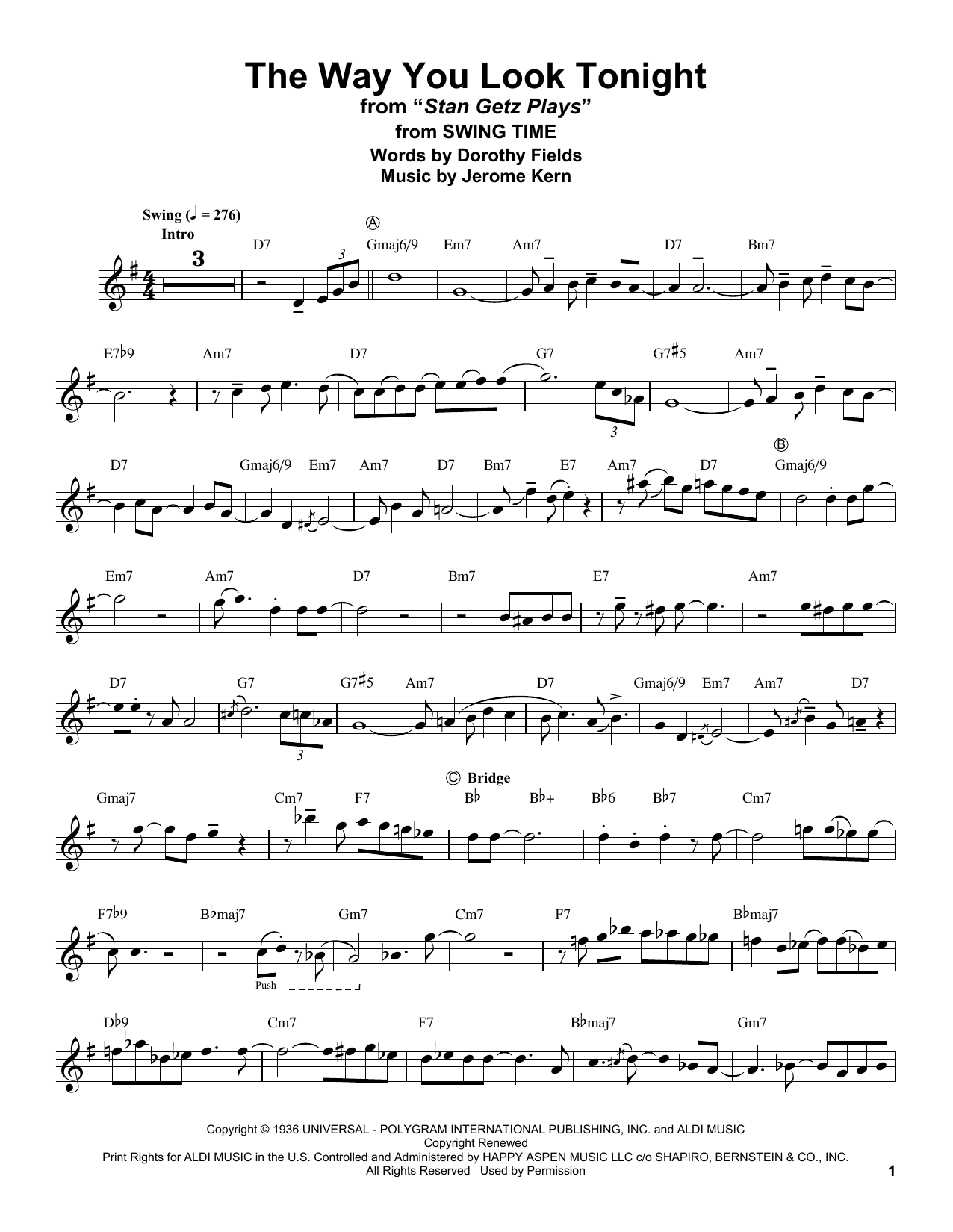 Stan Getz The Way You Look Tonight sheet music notes and chords arranged for Tenor Sax Transcription