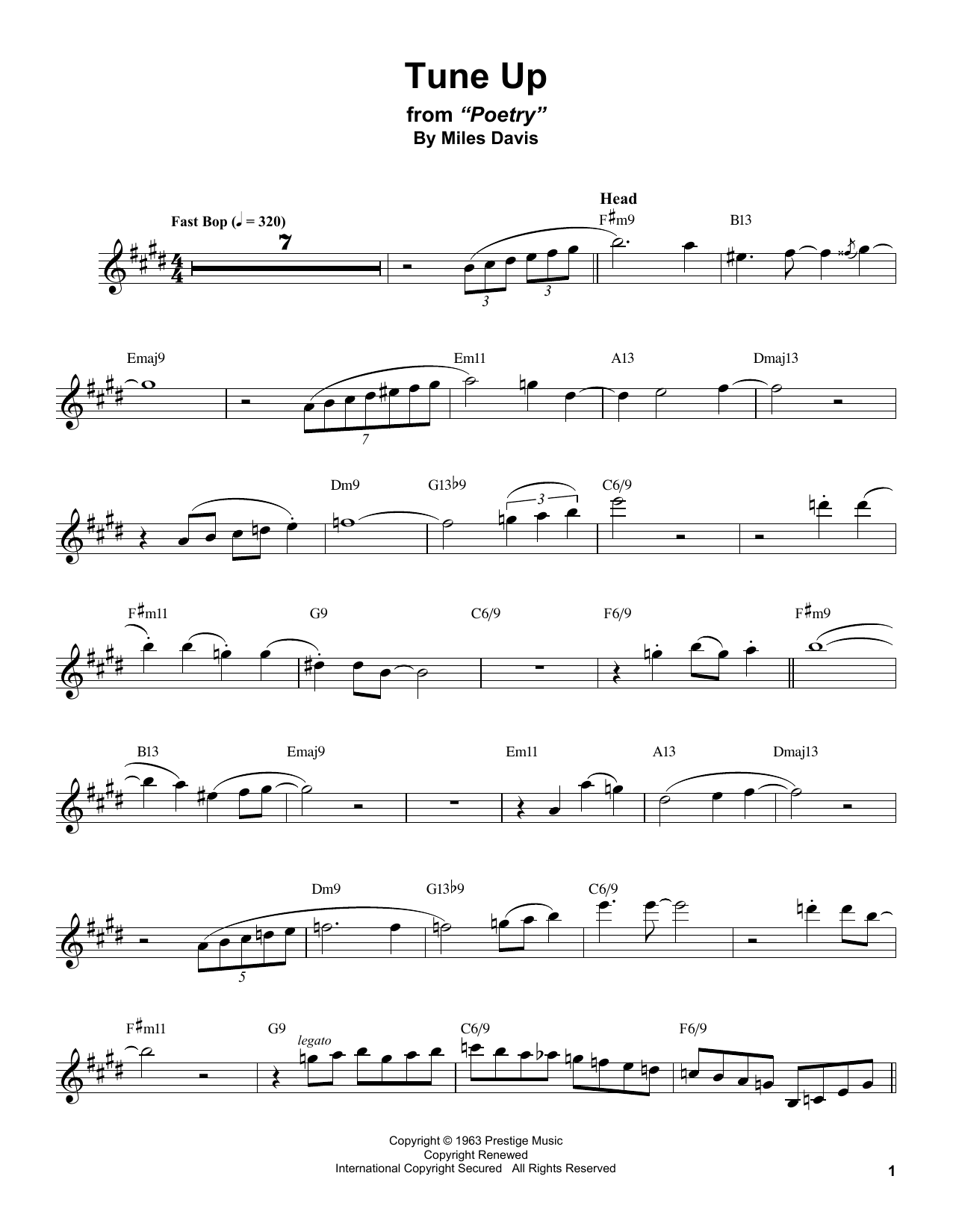 Stan Getz Tune Up sheet music notes and chords arranged for Alto Sax Transcription