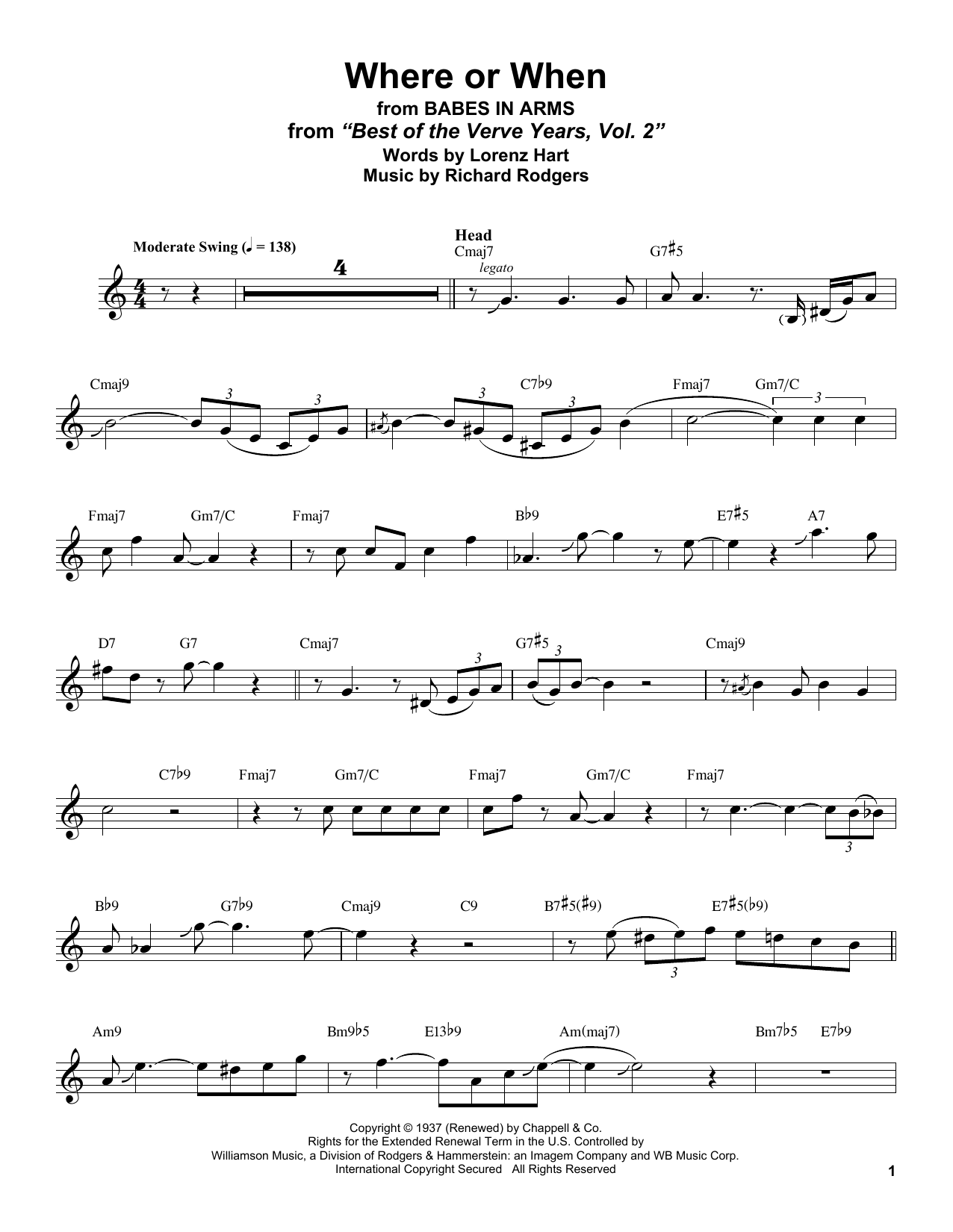 Stan Getz Where Or When (from Babes In Arms) sheet music notes and chords arranged for Alto Sax Transcription