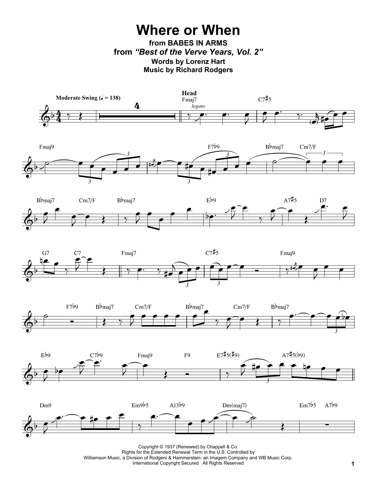 Stan Getz Where Or When sheet music notes and chords arranged for Tenor Sax Transcription