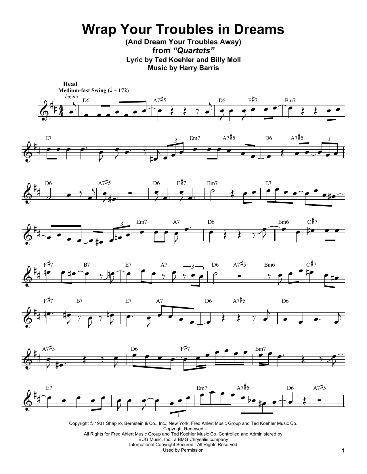 Stan Getz Wrap Your Troubles In Dreams (And Dream Your Troubles Away) sheet music notes and chords arranged for Alto Sax Transcription