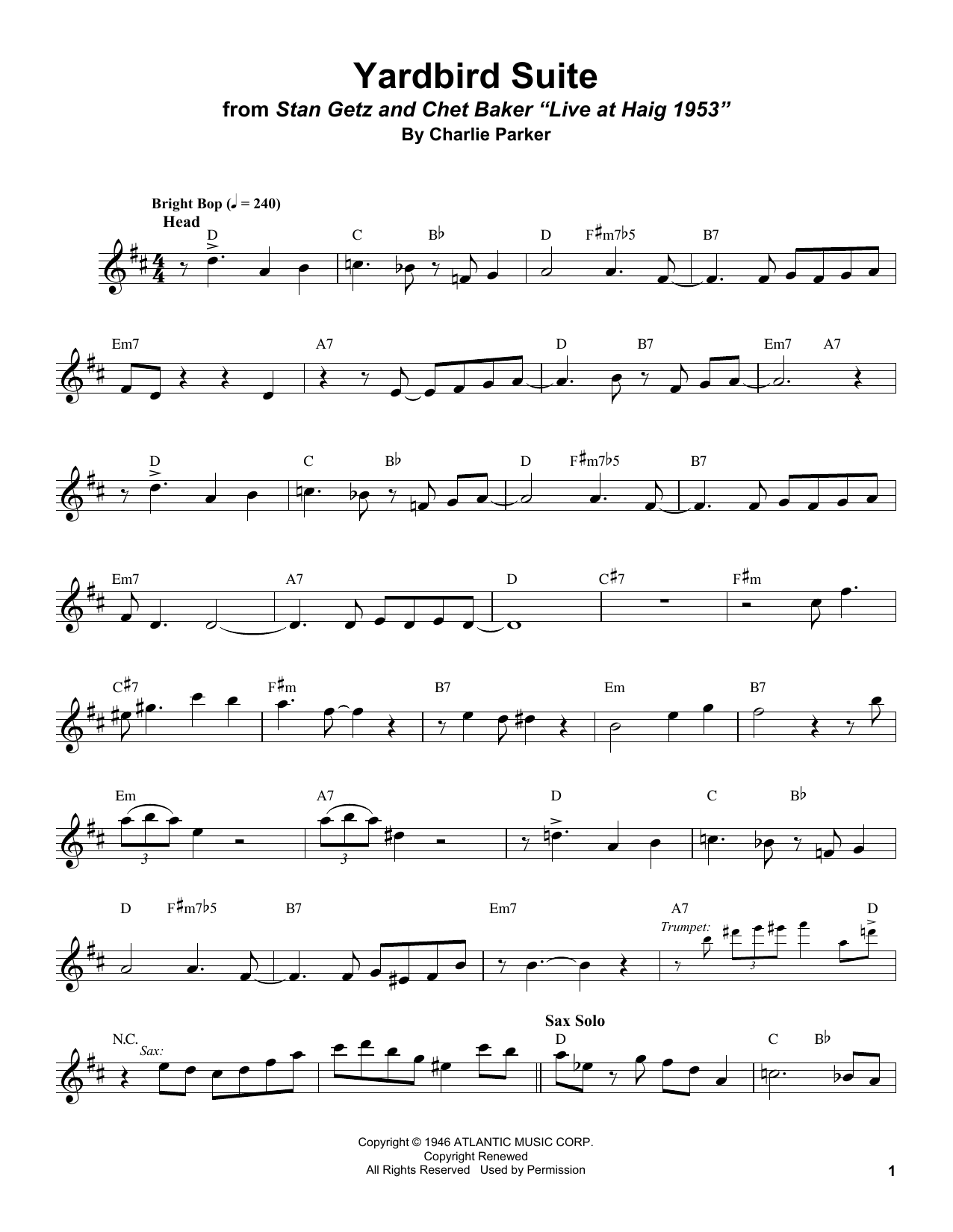 Stan Getz Yardbird Suite sheet music notes and chords arranged for Tenor Sax Transcription