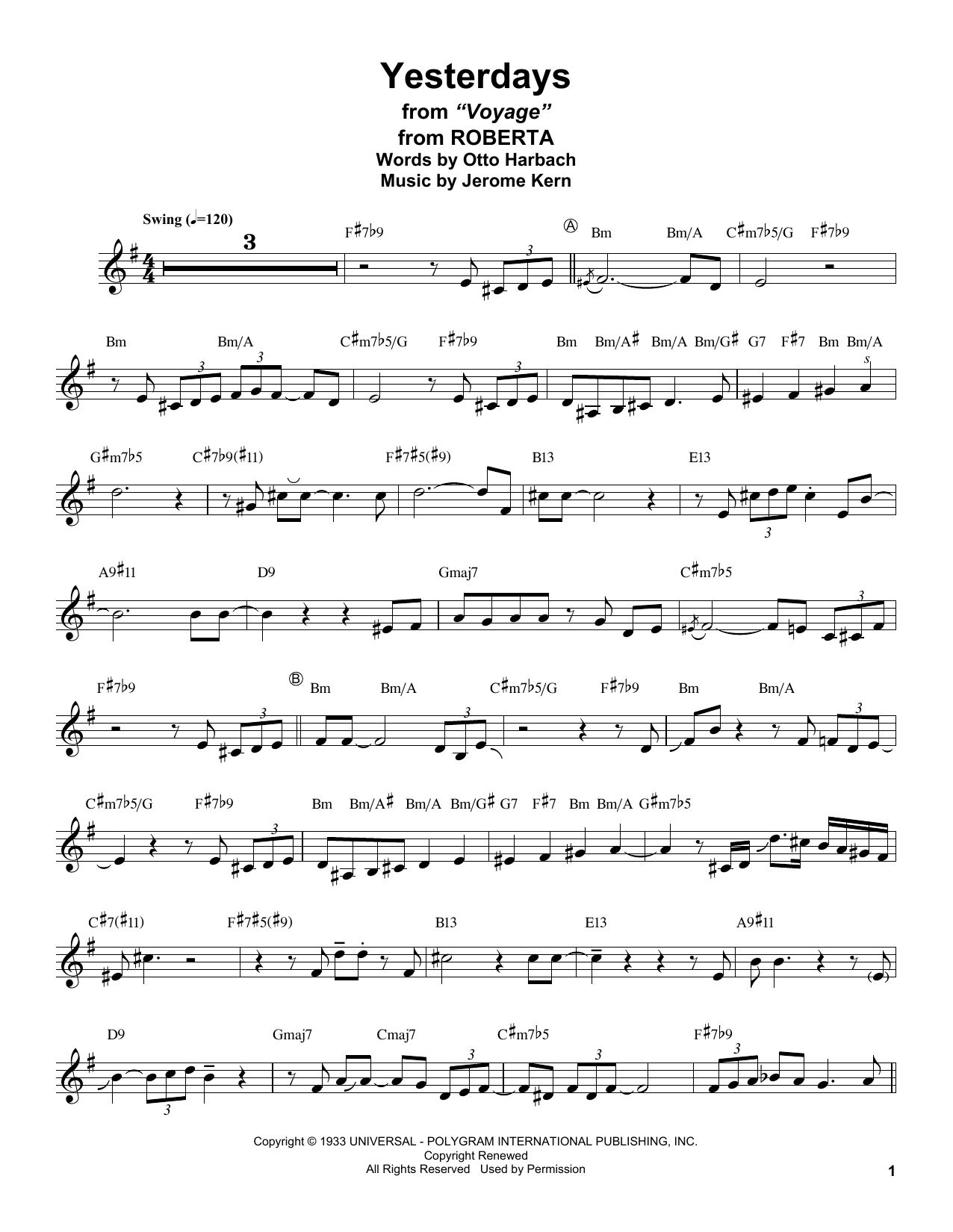Stan Getz Yesterdays sheet music notes and chords arranged for Tenor Sax Transcription