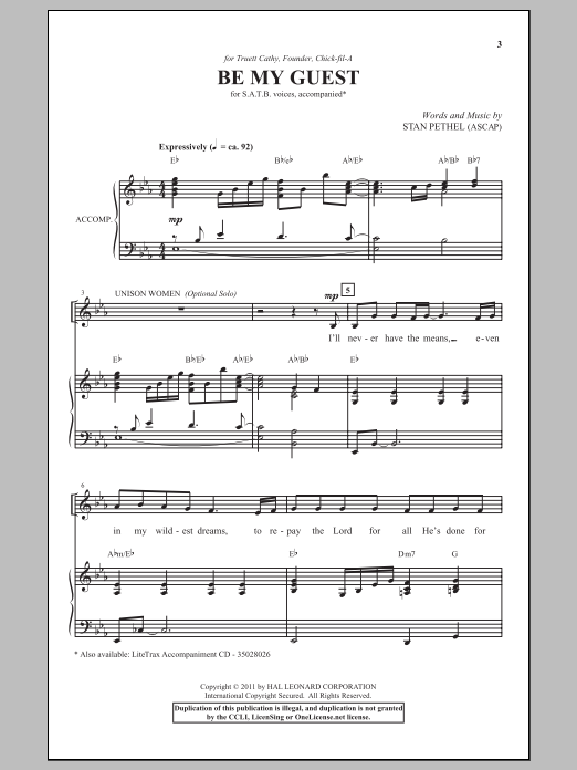 Stan Pethel Be My Guest sheet music notes and chords arranged for SATB Choir
