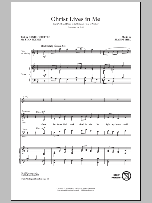 Stan Pethel Christ Lives In Me sheet music notes and chords arranged for SATB Choir