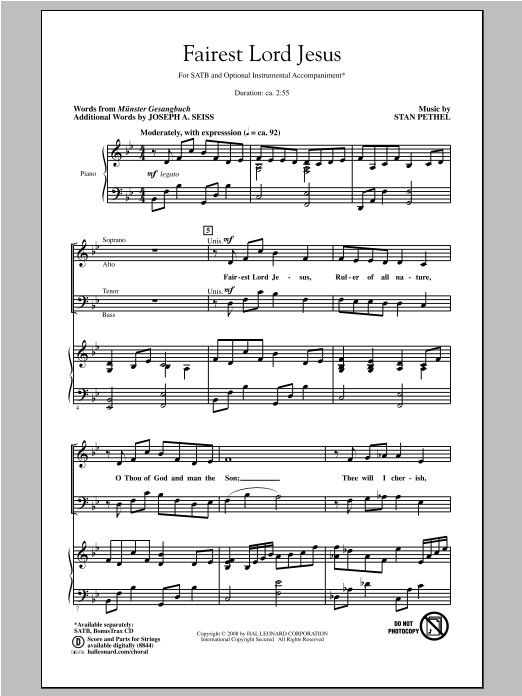 Stan Pethel Fairest Lord Jesus sheet music notes and chords arranged for SATB Choir