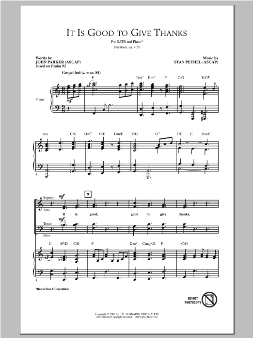 Stan Pethel It Is Good To Give Thanks sheet music notes and chords arranged for SATB Choir