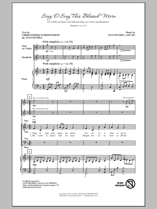 Stan Pethel Sing, O Sing This Blessed Morn sheet music notes and chords arranged for SATB Choir