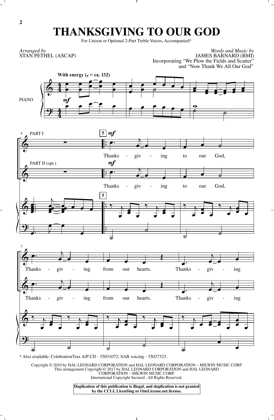 Stan Pethel Thanksgiving To Our God sheet music notes and chords arranged for Unison Choir