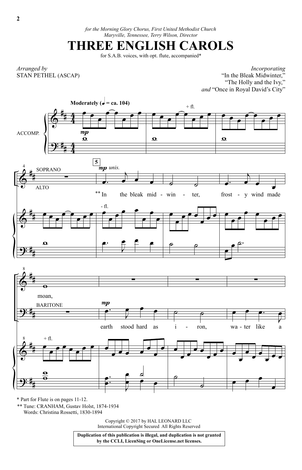 Stan Pethel Three English Carols sheet music notes and chords arranged for SAB Choir