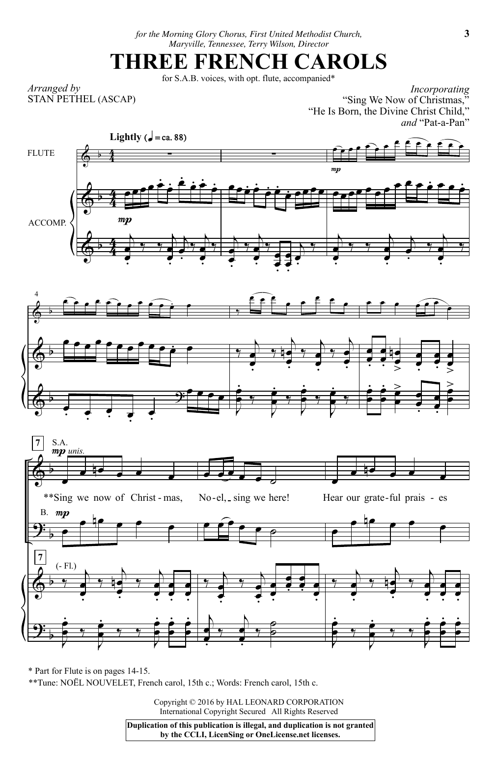Stan Pethel Three French Carols sheet music notes and chords arranged for SAB Choir