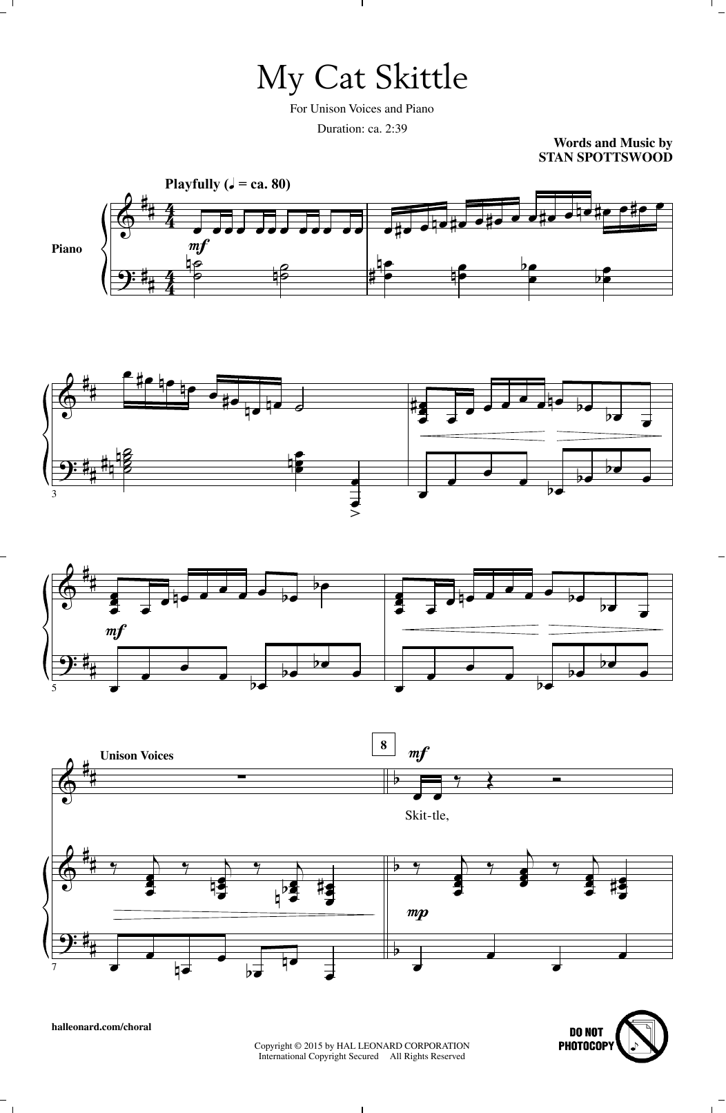 Stan Spottswood My Cat Skittle sheet music notes and chords arranged for Unison Choir