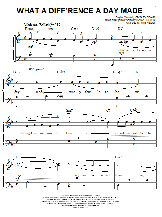Stanley Adams What A Diff'rence A Day Made (arr. Phillip Keveren) sheet music notes and chords arranged for Easy Piano
