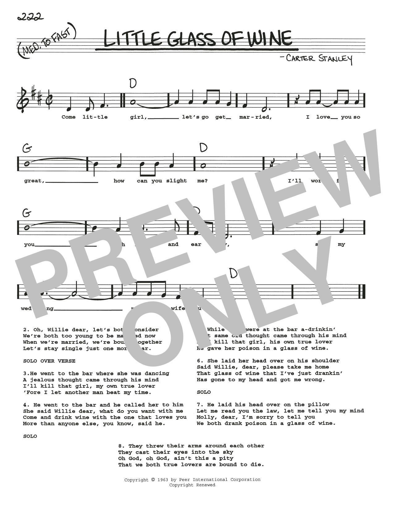 Stanley Carter Little Glass Of Wine sheet music notes and chords arranged for Real Book – Melody, Lyrics & Chords